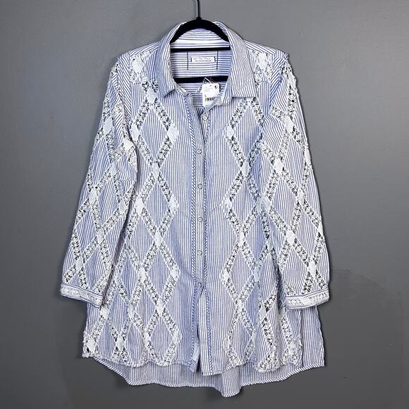 Free People Top small button down all over crochet oxford Maldives Stripes NWT - Picture 1 of 14